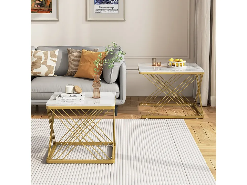 Set van 2 bijzettafels - blad met marmerpatroon - Wit en goud ModernLuxe