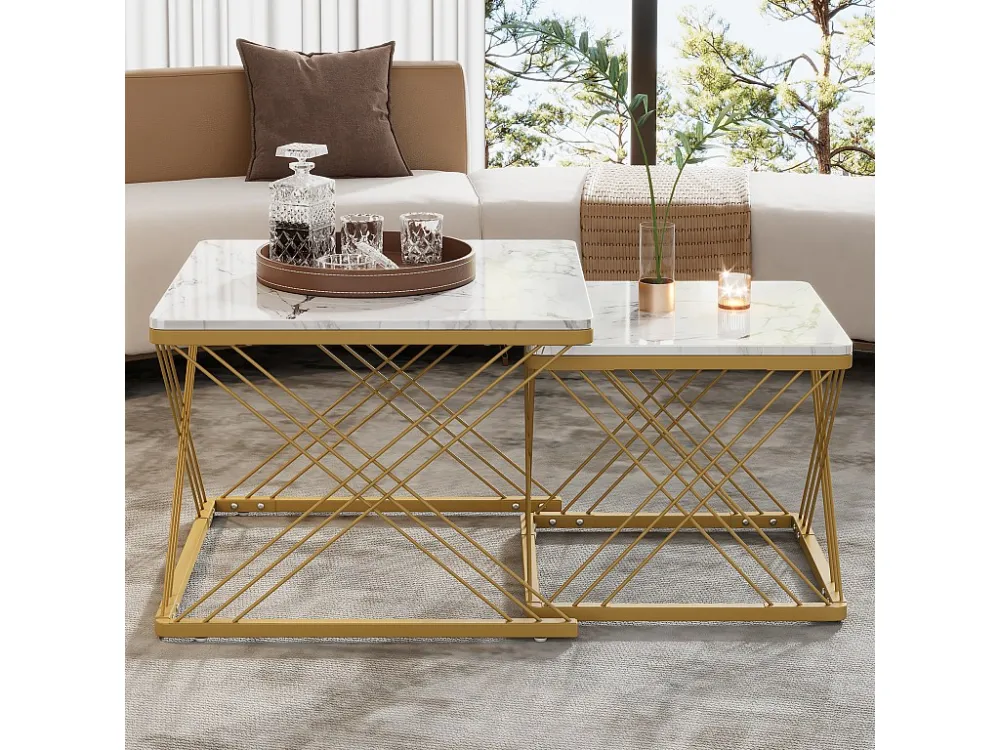 Set van 2 bijzettafels - blad met marmerpatroon - Wit en goud ModernLuxe