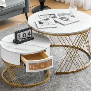 Set van 2 bijzettafels - fineer met marmerpatroon - met één lade - Wit & Goud ModernLuxe