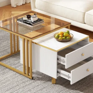 Set van 2 bijzettafels - 2 lades - blad met marmerpatroon - Wit en goud ModernLuxe