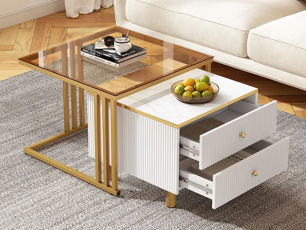 Set van 2 bijzettafels - 2 lades - blad met marmerpatroon - Wit en goud ModernLuxe