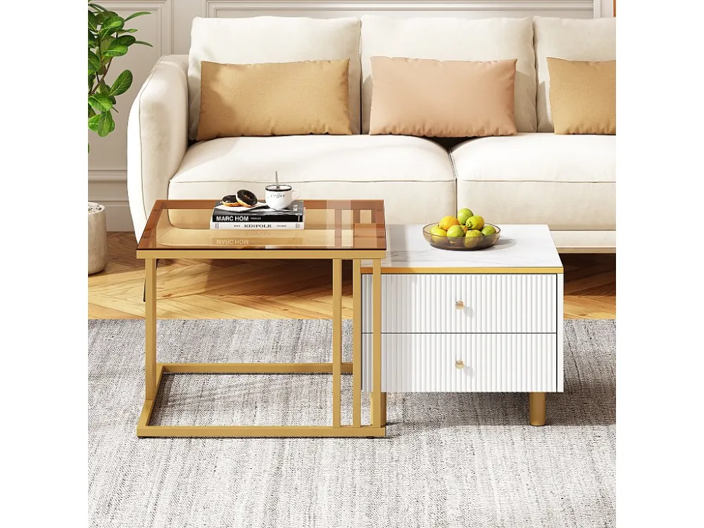 Set van 2 bijzettafels - 2 lades - blad met marmerpatroon - Wit en goud ModernLuxe