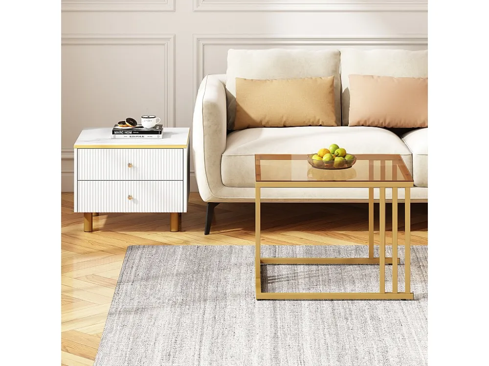 Set van 2 bijzettafels - 2 lades - blad met marmerpatroon - Wit en goud ModernLuxe