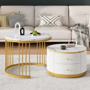 Set van 2 bijzettafels - 2 lades - blad met marmerpatroon - Wit en zwart ModernLuxe