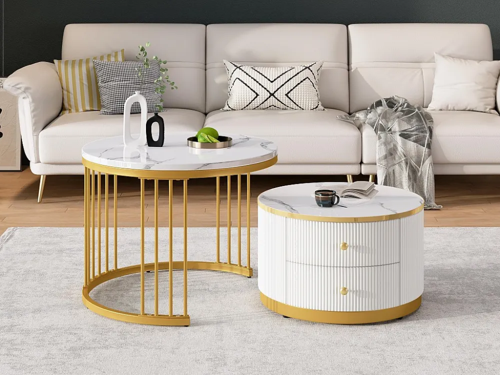 Set van 2 bijzettafels - 2 lades - blad met marmerpatroon - Wit en zwart ModernLuxe