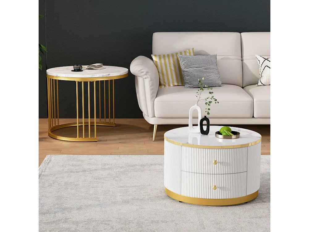 Set van 2 bijzettafels - 2 lades - blad met marmerpatroon - Wit en zwart ModernLuxe