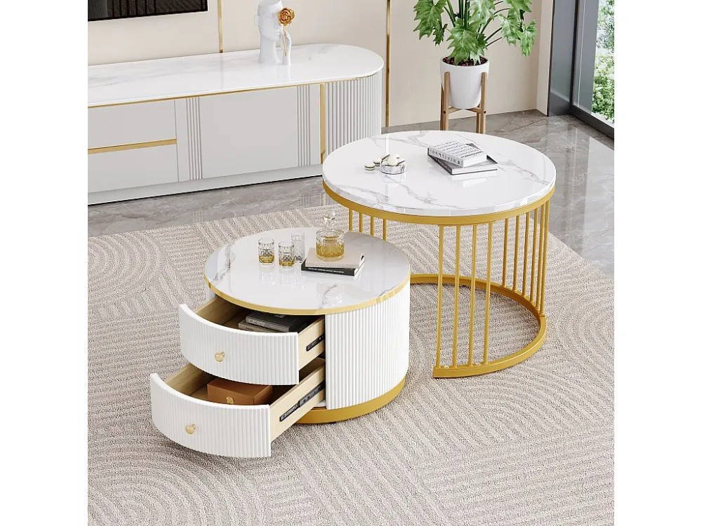 Set van 2 bijzettafels - 2 lades - blad met marmerpatroon - Wit en zwart ModernLuxe