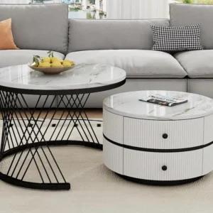 Set van 2 bijzettafels - 2 lades - blad met marmerpatroon - Wit en goud ModernLuxe