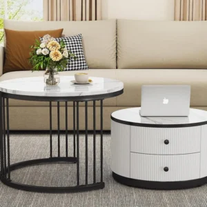 Set van 2 bijzettafels - 2 lades - blad met marmerpatroon - Wit en goud ModernLuxe