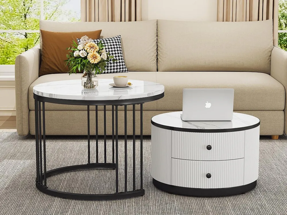Set van 2 bijzettafels - 2 lades - blad met marmerpatroon - Wit en goud ModernLuxe