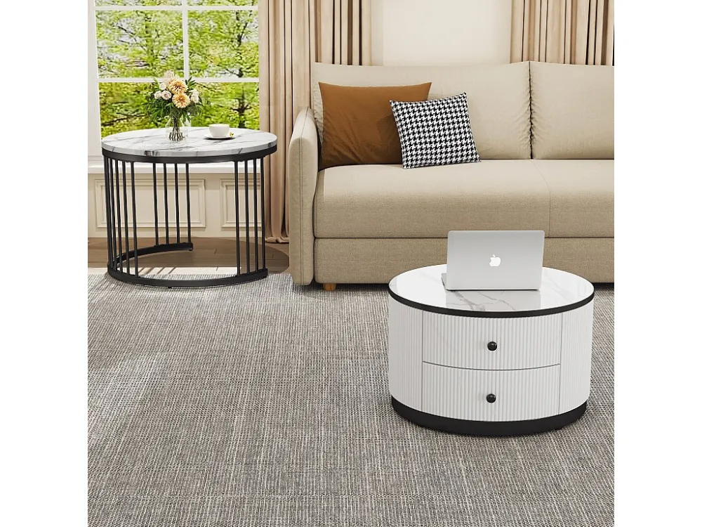 Set van 2 bijzettafels - 2 lades - blad met marmerpatroon - Wit en goud ModernLuxe