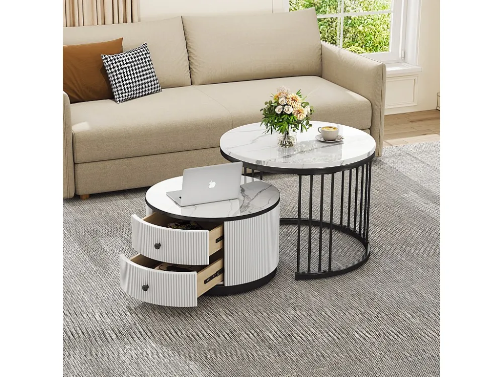 Set van 2 bijzettafels - 2 lades - blad met marmerpatroon - Wit en goud ModernLuxe