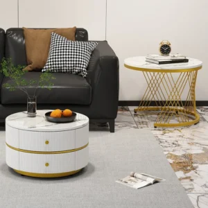 Set van 2 bijzettafels - 2 lades - blad met marmerpatroon - Wit en zwart ModernLuxe