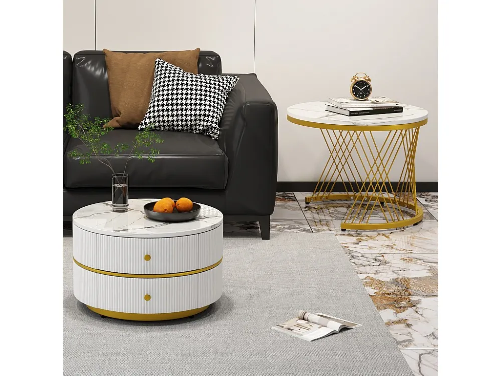 Set van 2 bijzettafels - 2 lades - blad met marmerpatroon - Wit en zwart ModernLuxe