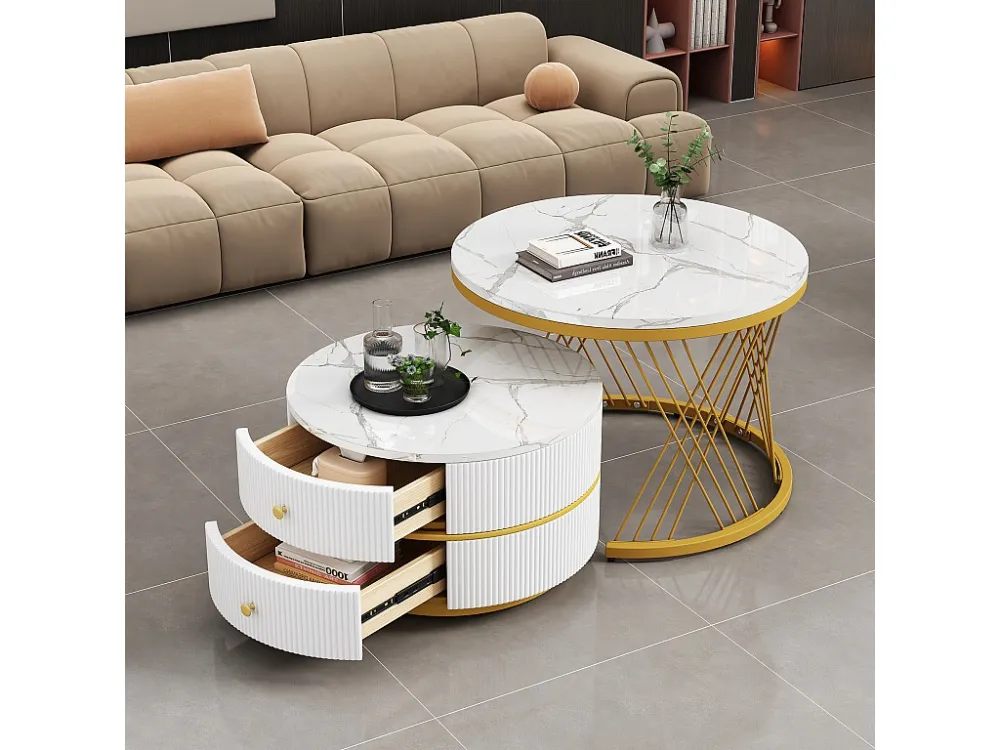 Set van 2 bijzettafels - 2 lades - blad met marmerpatroon - Wit en zwart ModernLuxe