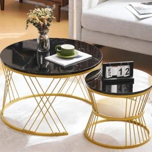 Set van 2 Bijzettafels - marmerpatroon fineer - gouden structuur - Zwart ModernLuxe