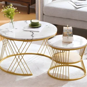 Set van 2 Bijzettafels - marmerpatroonfineer - gouden structuur - Wit ModernLuxe