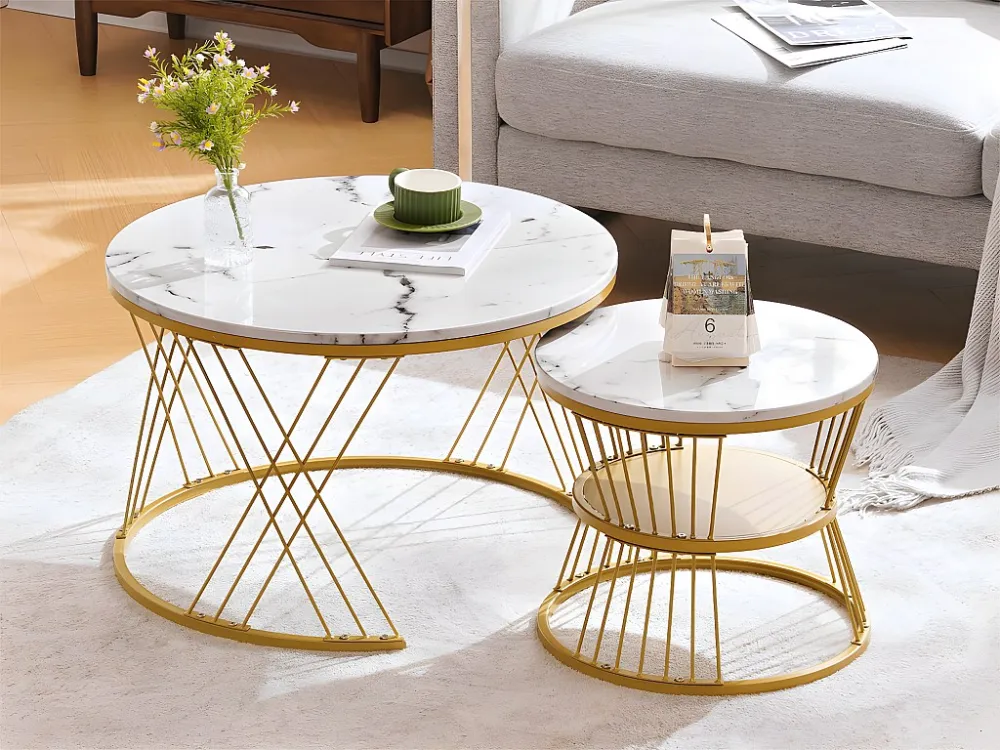 Set van 2 Bijzettafels - marmerpatroonfineer - gouden structuur - Wit ModernLuxe