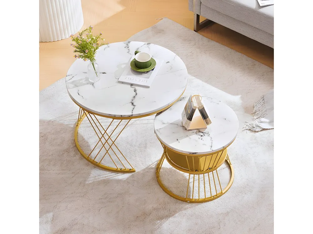 Set van 2 Bijzettafels - marmerpatroonfineer - gouden structuur - Wit ModernLuxe
