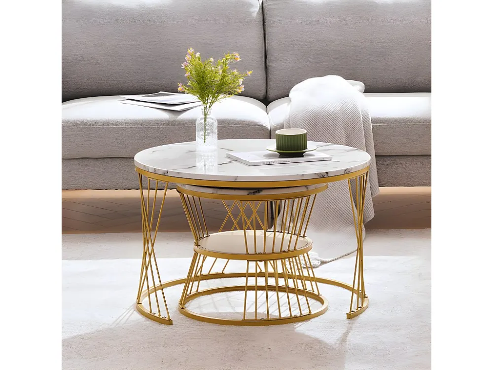 Set van 2 Bijzettafels - marmerpatroonfineer - gouden structuur - Wit ModernLuxe