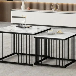 Set van 2 bijzettafels - MDF-blad met marmerpatroon - zwarte poten - Wit en zwart ModernLuxe