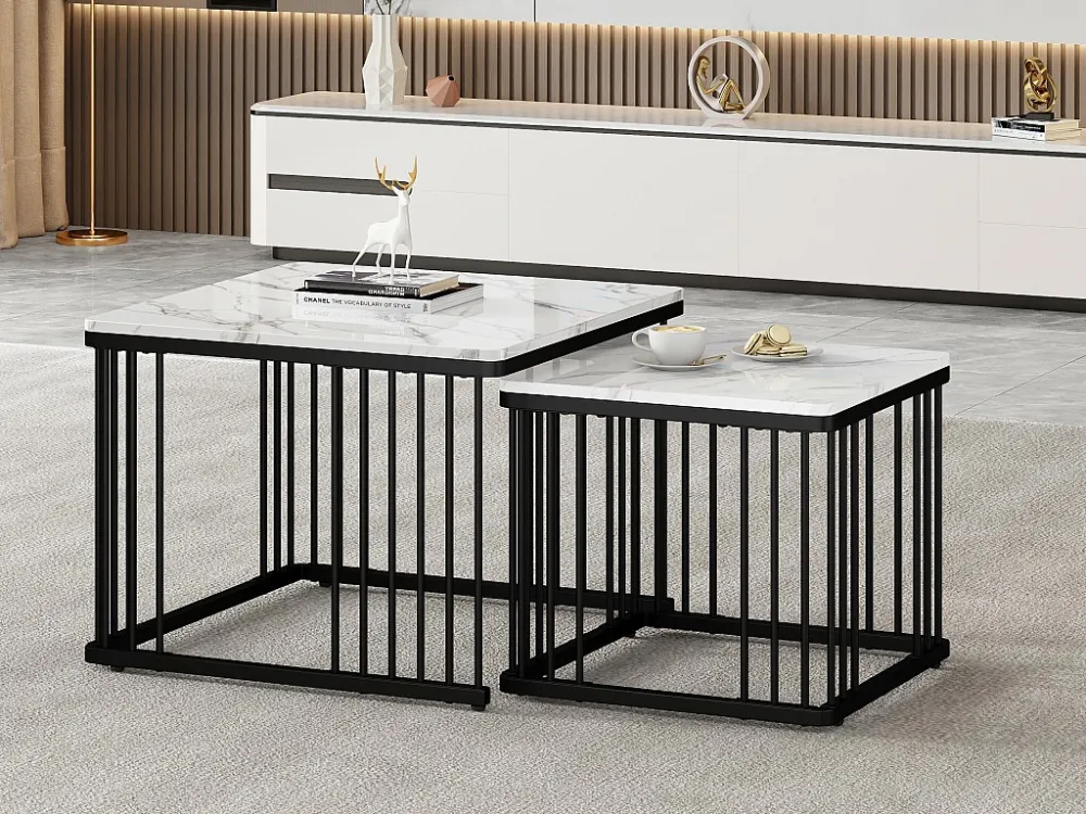 Set van 2 bijzettafels - MDF-blad met marmerpatroon - zwarte poten - Wit en zwart ModernLuxe