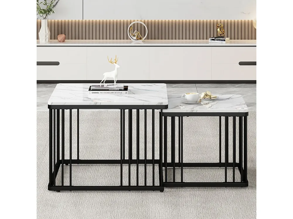 Set van 2 bijzettafels - MDF-blad met marmerpatroon - zwarte poten - Wit en zwart ModernLuxe