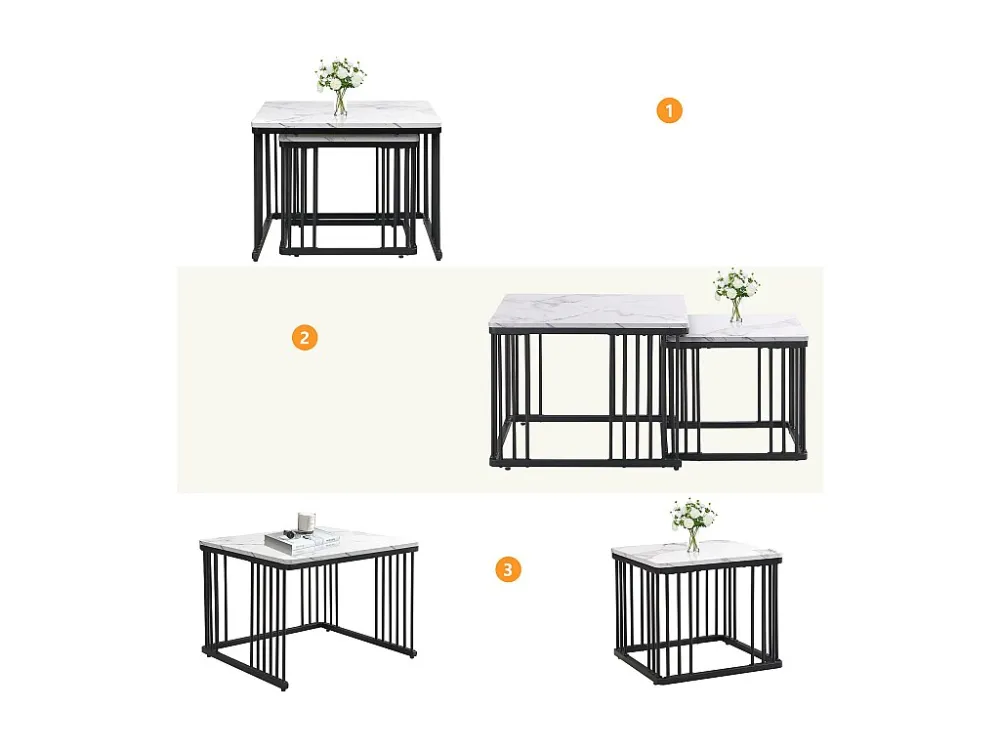 Set van 2 bijzettafels - MDF-blad met marmerpatroon - zwarte poten - Wit en zwart ModernLuxe