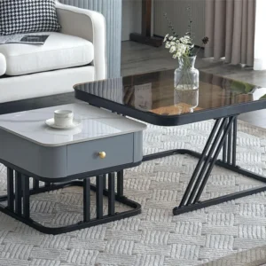 Set van 2 bijzettafels met één lade - bedekt met glas en marmer - grijs ModernLuxe