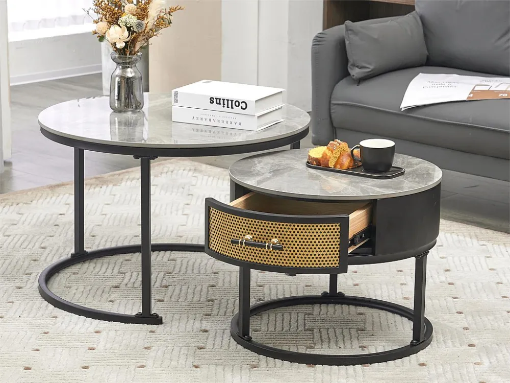 Set van 2 bijzettafels met lade - marmeren blad - grijs ModernLuxe