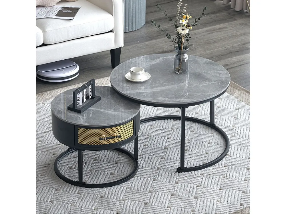 Set van 2 bijzettafels met lade - marmeren blad - grijs ModernLuxe