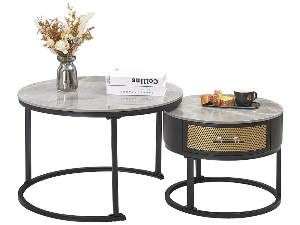 Set van 2 bijzettafels met lade - marmeren blad - grijs ModernLuxe