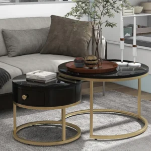 Set van 2 bijzettafels met lade - marmerpatroon - glanzende uitstraling - zwart ModernLuxe