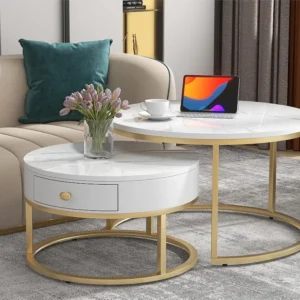 Set van 2 bijzettafels met lade - marmerpatroon - glanzende look - wit ModernLuxe