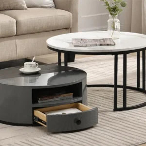 Set van 2 bijzettafels - PVC marmerlook - 1 lade en 1 nis - grijs ModernLuxe