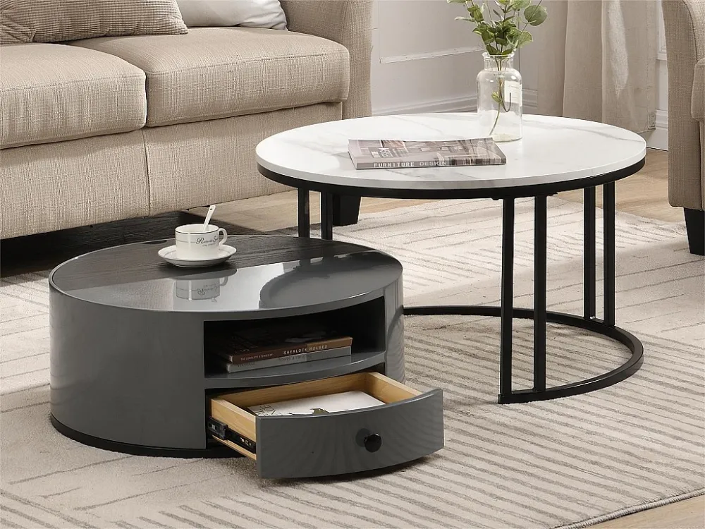 Set van 2 bijzettafels - PVC marmerlook - 1 lade en 1 nis - grijs ModernLuxe