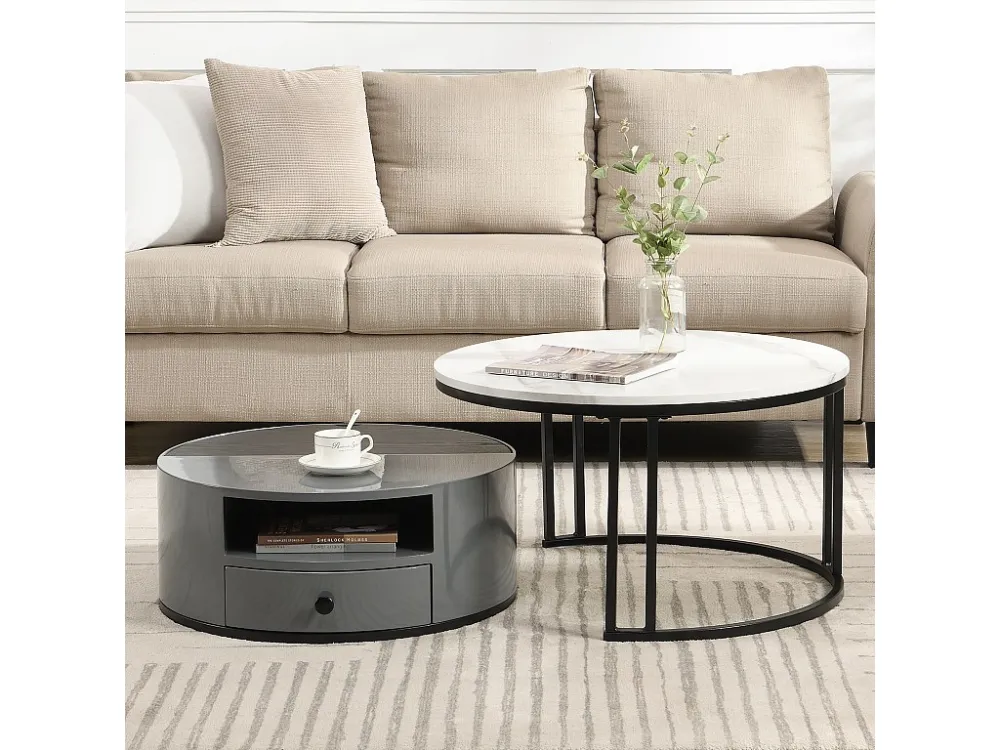 Set van 2 bijzettafels - PVC marmerlook - 1 lade en 1 nis - grijs ModernLuxe