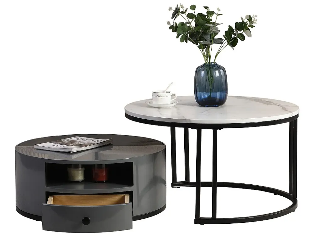 Set van 2 bijzettafels - PVC marmerlook - 1 lade en 1 nis - grijs ModernLuxe