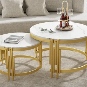 Set van 2 elkaar geschoven salontafels - marmereffect - metalen structuur - Wit en goud ModernLuxe