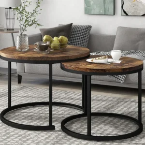 Set van 2 elkaar schuivende salontafels - industriële stijl - marmerlook - Donkerbruin ModernLuxe