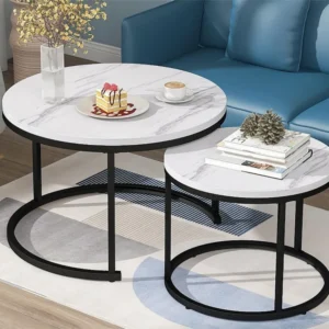 Set van 2 elkaar schuivende salontafels - industriële stijl - marmerlook - Wit ModernLuxe