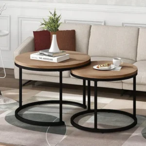 Set van 2 elkaar schuivende salontafels - industriële stijl - marmerlook - Bruin ModernLuxe