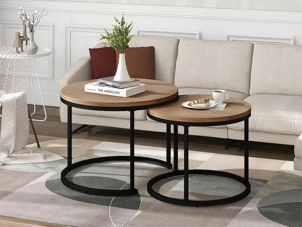 Set van 2 elkaar schuivende salontafels - industriële stijl - marmerlook - Bruin ModernLuxe