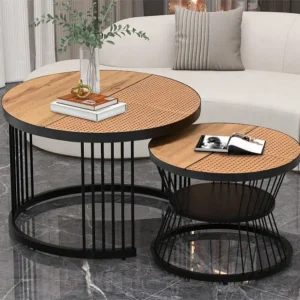 Set van 2 elkaar schuivende salontafels - landelijke stijl - rotan fineer - Naturel & Zwart ModernLuxe