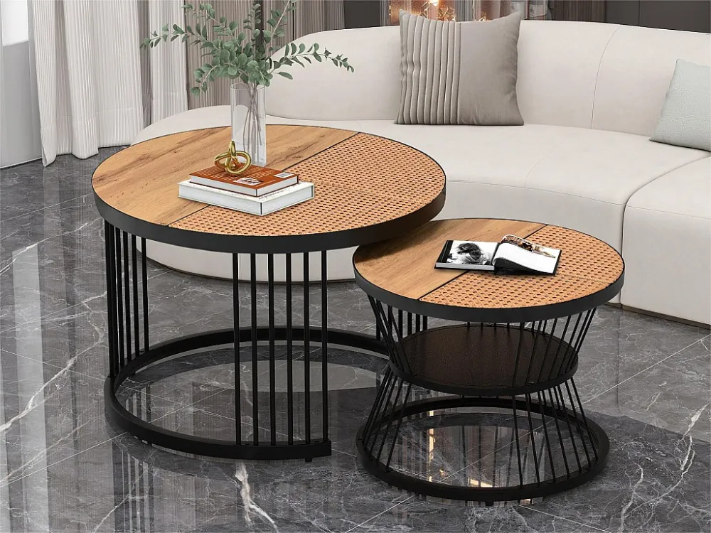 Set van 2 elkaar schuivende salontafels - landelijke stijl - rotan fineer - Naturel & Zwart ModernLuxe
