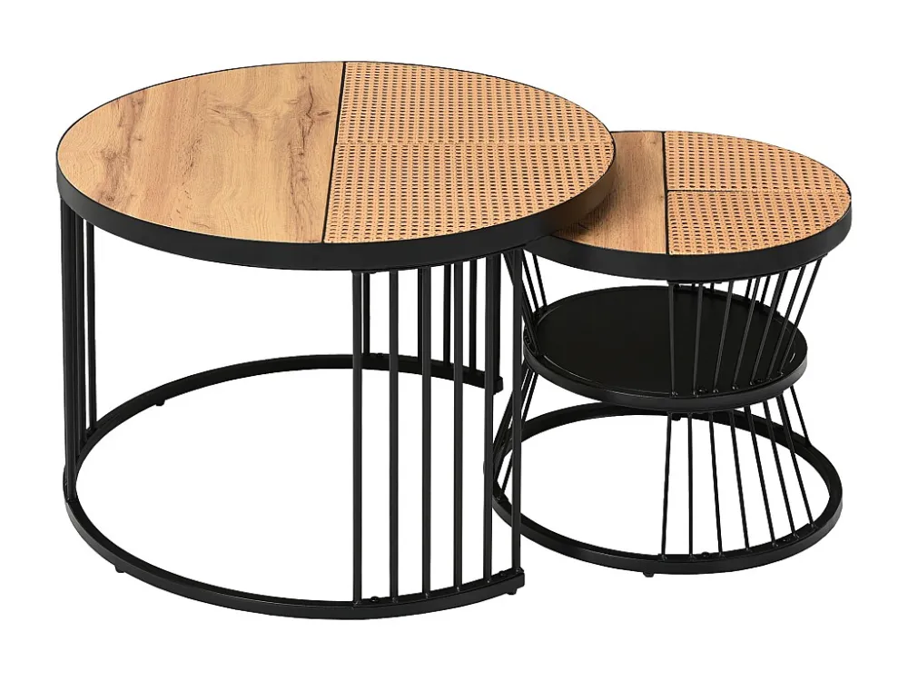 Set van 2 elkaar schuivende salontafels - landelijke stijl - rotan fineer - Naturel & Zwart ModernLuxe