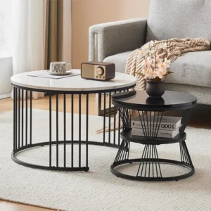Set van 2 elkaar schuivende salontafels - Scandinavische stijl - fineer met marmerpatroon - Zwart ModernLuxe