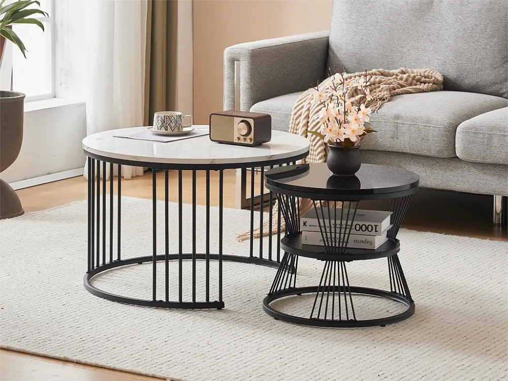 Set van 2 elkaar schuivende salontafels - Scandinavische stijl - fineer met marmerpatroon - Zwart ModernLuxe