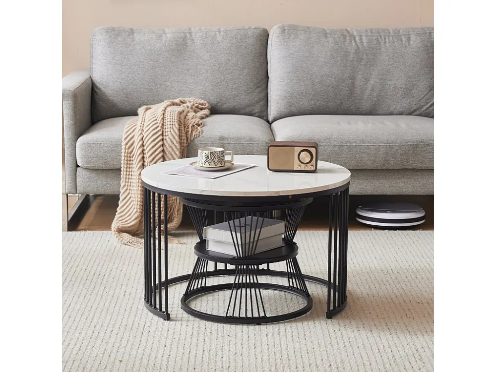 Set van 2 elkaar schuivende salontafels - Scandinavische stijl - fineer met marmerpatroon - Zwart ModernLuxe