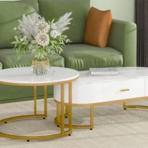 Set van 2 moderne Scandinavische bijzettafels met lade - marmerpatroon - glanzende uitstraling - Wit & Goud ModernLuxe